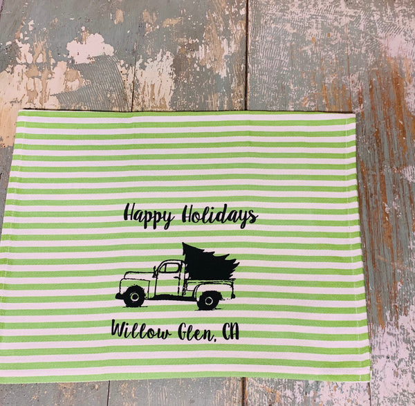 Willow Glen Happy Holidays Tea Towel - Green Stripe