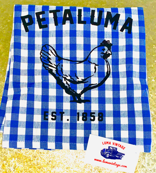 Blue Gingham  Tea Towel with Luma Vintage Petaluma Chicken