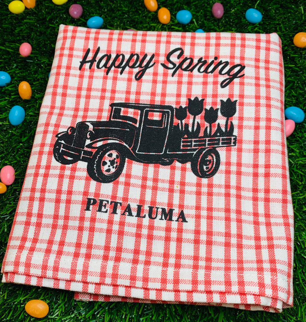 Happy Spring Petaluma Tea Towel- Orange Sherbet Plaid