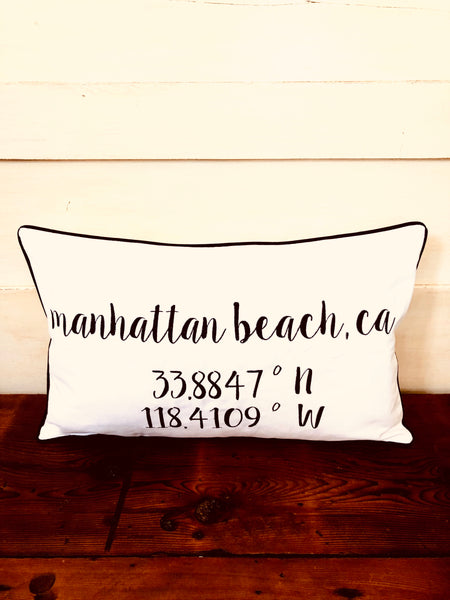 Manhattan Beach Longitude Latitude Embroidered Lumbar Pillow Cover