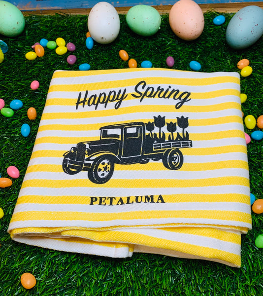 Happy Spring Petaluma Tea Towel- Yellow Stripe