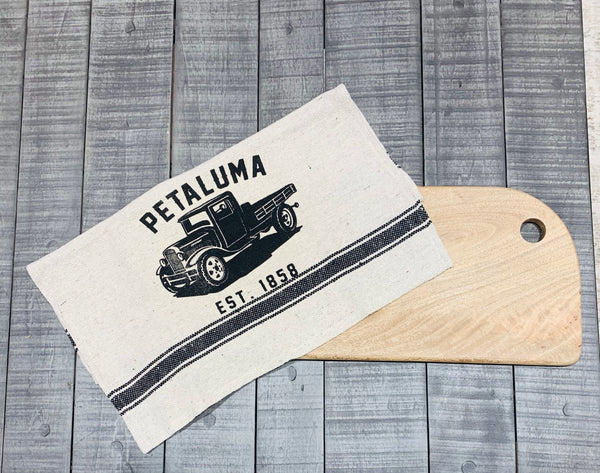 Tea Towel with Luma Vintage Truck- Petaluma Rustic Black Stripe
