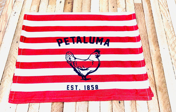 Red and White Stripe Tea Towel with Luma Vintage Petaluma Chicken