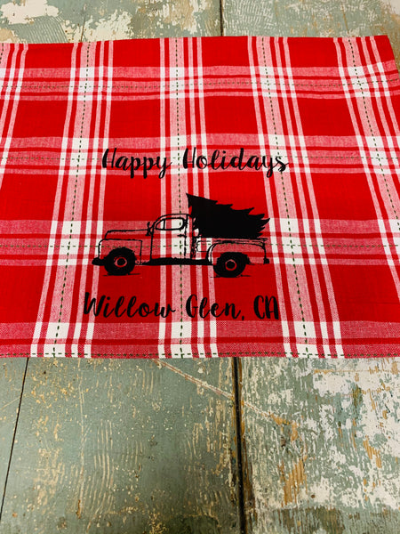 Willow Glen Happy Holidays Tea Towel - Red Plaid