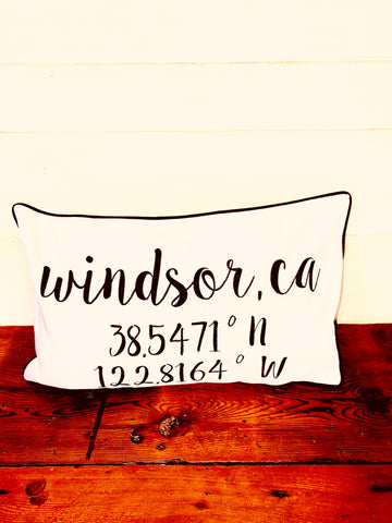 Windsor, CA Longitude Latitude Embroidered Lumbar Pillow Cover